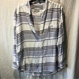 Rails blue and white horizontal stripe button down rayon blouse Chinese collar L